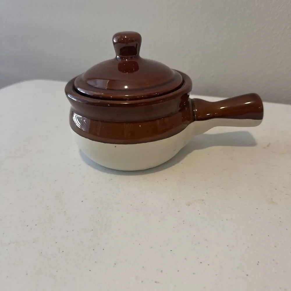 Individual Covered Casserole Dish Pottery Crock with Handle 3 Tone Brown Vintage